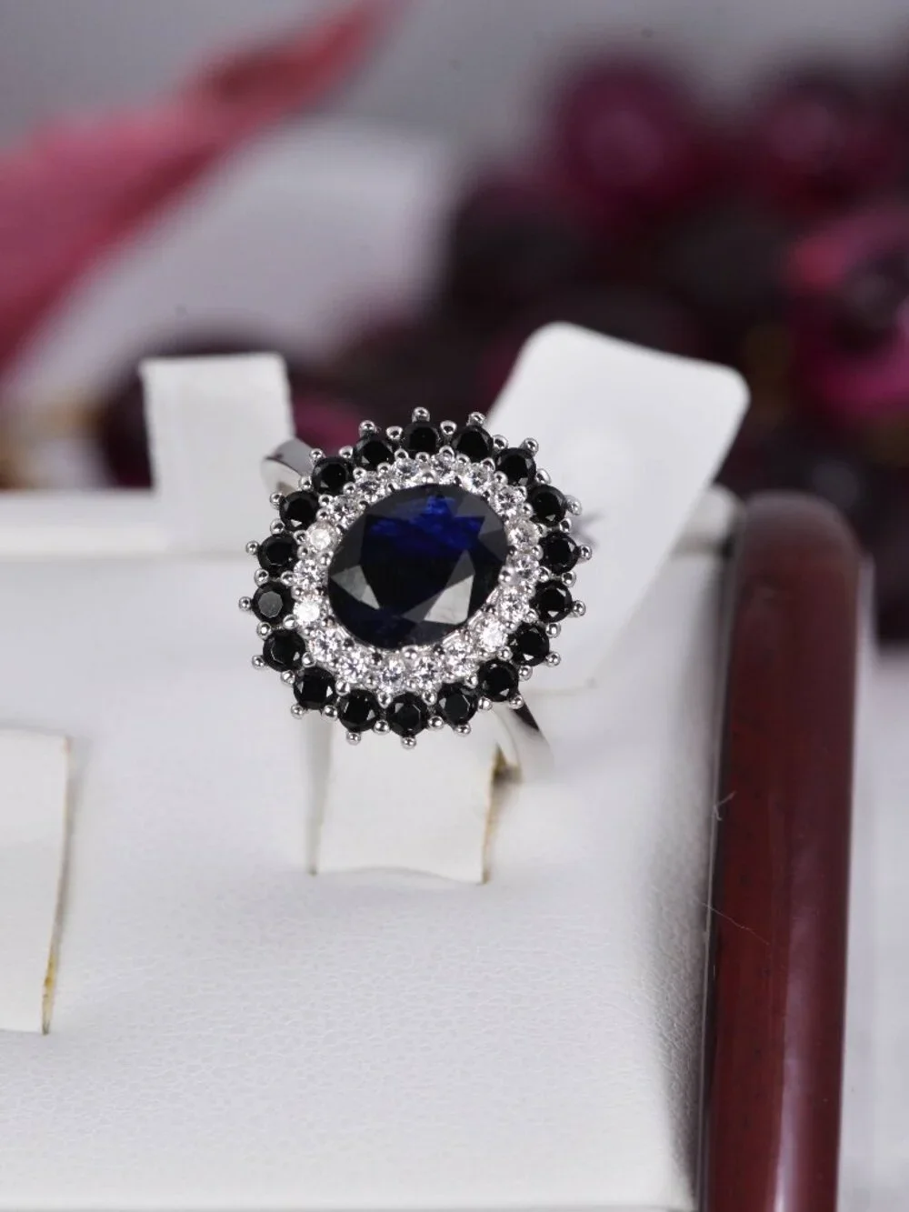 Natural Blue Sapphire Halo Ring 925 Sterling Silve Size 7